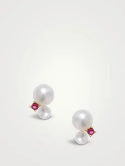14K Gold Double Pearl Gemstone Stud Earrings With Rubies