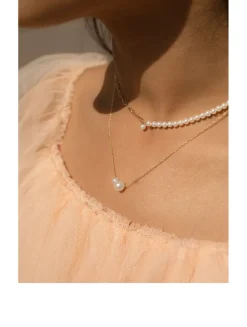 14K Gold Double Pearl Pendant Necklace