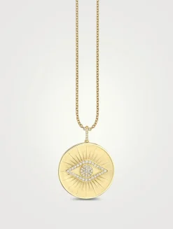 14K Gold Evil Eye Rays Coin Pendant Necklace With Diamonds