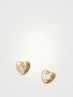 14K Gold Fine Diamond Heart Stud Earrings
