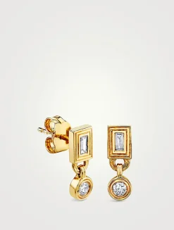 14K Gold Fluted Baguette Stud And Round Drop Earrings With Diamonds
