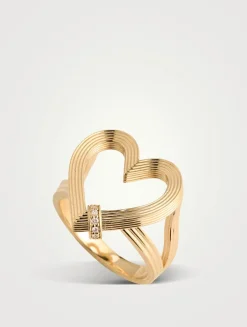 14K Gold Fluted Heart Ring With Rondelle With Diamonds