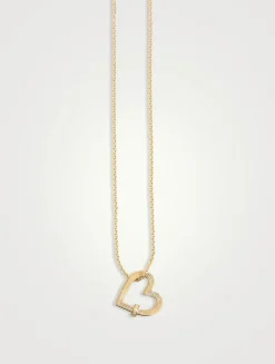 14K Gold Fluted Heart Rondelle Charm Necklace With Diamonds