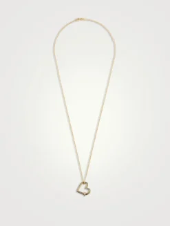 14K Gold Fluted Heart Rondelle Charm Necklace With Diamonds