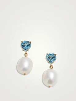 14K Gold Gem Heart Oval Pearl Earrings With Blue Topaz