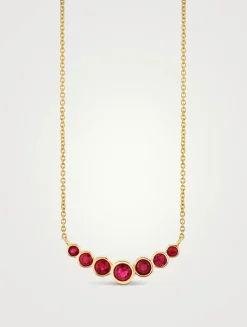 14K Gold Graduated Bezel Curve Bar Necklace With Rubies