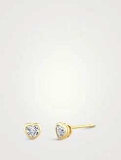 18K Gold Heart Diamond Stud Earrings