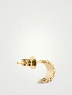 14K Gold Herringbone Huggie Hoop Earrings With Diamonds