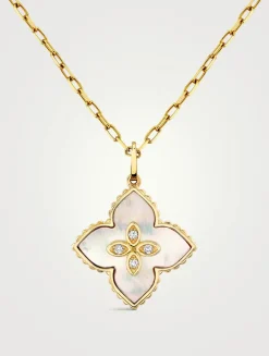 14K Gold Inlay Flower Pendant Necklace With Mother-Of-Pearl And Diamonds
