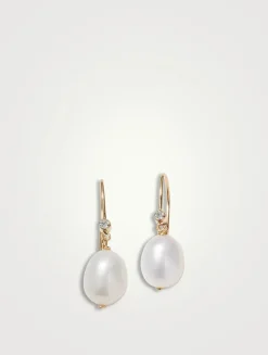 14K Gold Large Oval Pearl Earrings With Diamonds