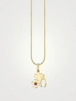 14K Gold Lucky Wish Pendant Necklace With Ruby