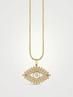 14K Gold Marquise Evil Eye Pendant Necklace With Pearl And Diamonds