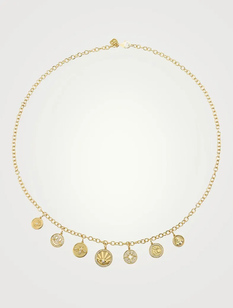 14K Gold Multi-Coin Charm Necklace With Diamonds