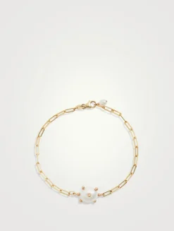 14K Gold Oval Pearl Link Chain Bracelet