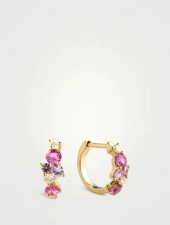 14K Gold Pink Sapphire And Diamond Cocktail Huggie Hoop Earrings