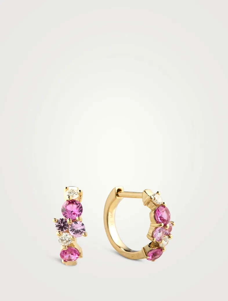 14K Gold Pink Sapphire And Diamond Cocktail Huggie Hoop Earrings