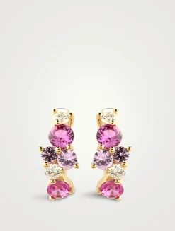14K Gold Pink Sapphire And Diamond Cocktail Huggie Hoop Earrings