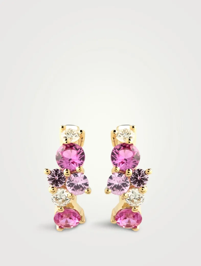 14K Gold Pink Sapphire And Diamond Cocktail Huggie Hoop Earrings