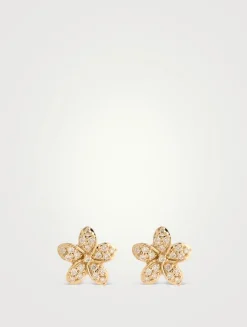 14K Gold Plumeria Stud Earrings With Diamonds