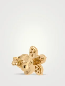 14K Gold Plumeria Stud Earrings With Diamonds