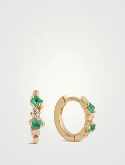 18K Gold Princess Emerald Mix Huggie Hoop Earrings With Diamonds