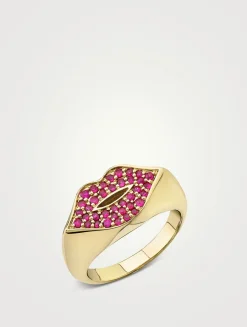 14K Gold Red Lips Signet Ring With Rubies