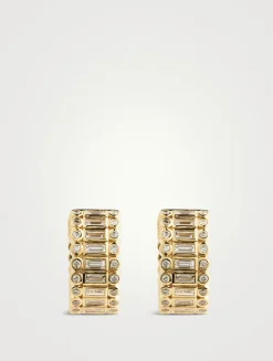14K Gold Stacked Baguette And Round Bezel Huggie Hoop Earrings With Diamonds