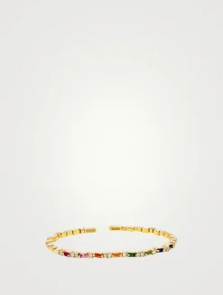 18K Gold Thin Mix Rainbow Sapphire Uneven Bangle Bracelet