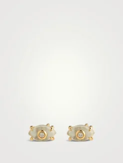 14K Gold Tiny Carved Stone Bezel Evil Eye Stud Earrings With Diamonds