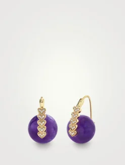 14K Gold Tiny Hearts Amethyst Bead Earrings With Diamonds