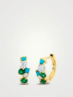 14K Gold Tri-Stone Huggie Hoop Earrings With Diamonds