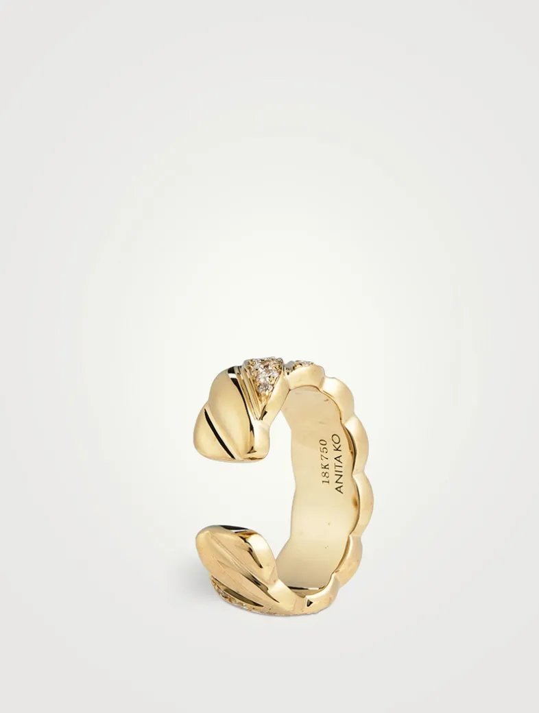 18K Gold Wide Braid Ear Cuff With Diamonds