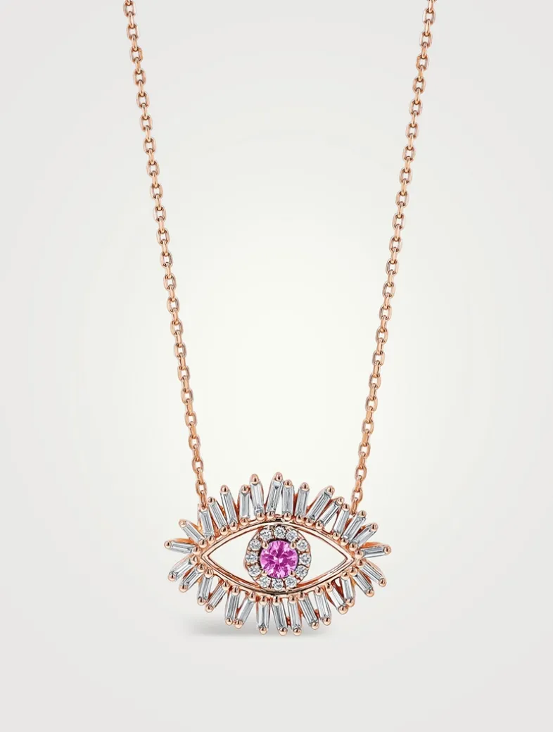 18K Rose Gold Evil Eye Midi Pink Sapphire Pendant Necklace