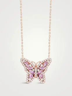 18K Rose Gold Small Bold Butterfly Pink Sapphire Pendant Necklace