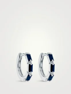 18K White Gold Bold Triple Dark Blue Sapphire Huggie Hoop Earrings