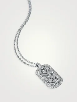 18K White Gold Classic Small Dog Tag Diamond Pendant Necklace