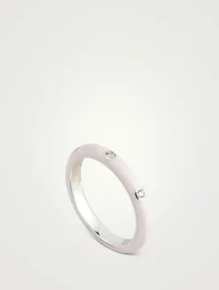 14K White Gold Enamel Stack Ring With Diamonds