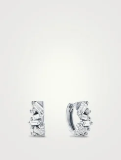 18K White Gold Frenzy Diamond Huggie Hoop Earrings