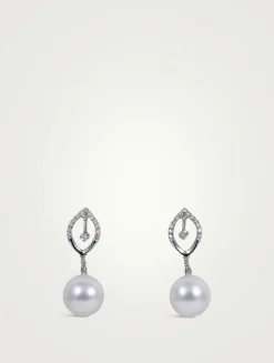 18K White Gold Pearl Earrings With Diamonds
