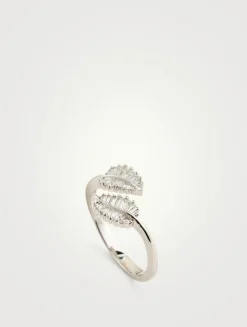 18K White Gold Small Palm Leaf Ring With Diamonds
