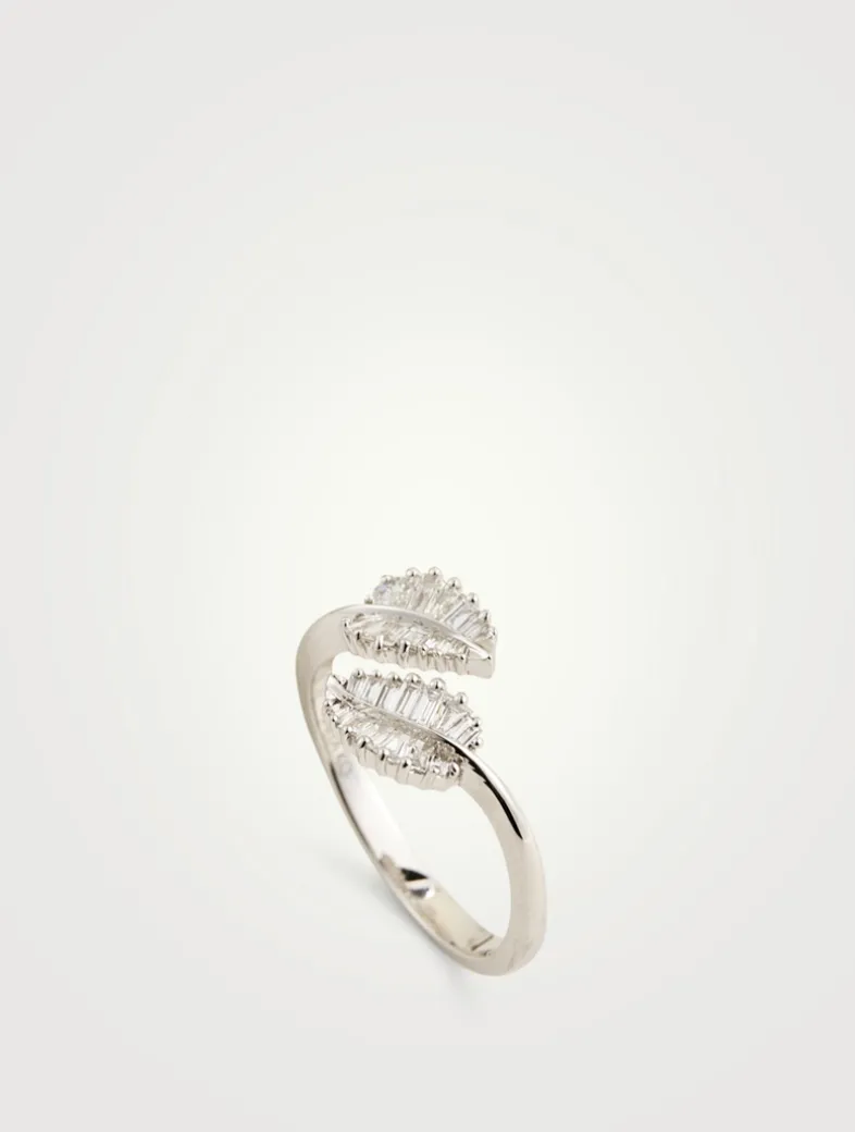 18K White Gold Small Palm Leaf Ring With Diamonds