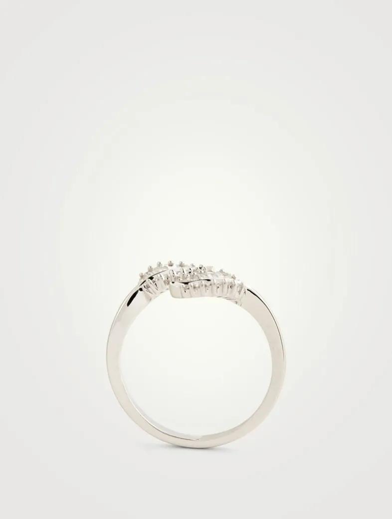 18K White Gold Small Palm Leaf Ring With Diamonds