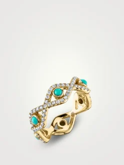 Large 14K Gold Bezel Turquoise Evil Eye Ring With Diamonds