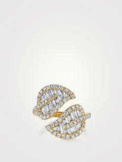 Large 18K Gold Leaf Ring With Diamonds