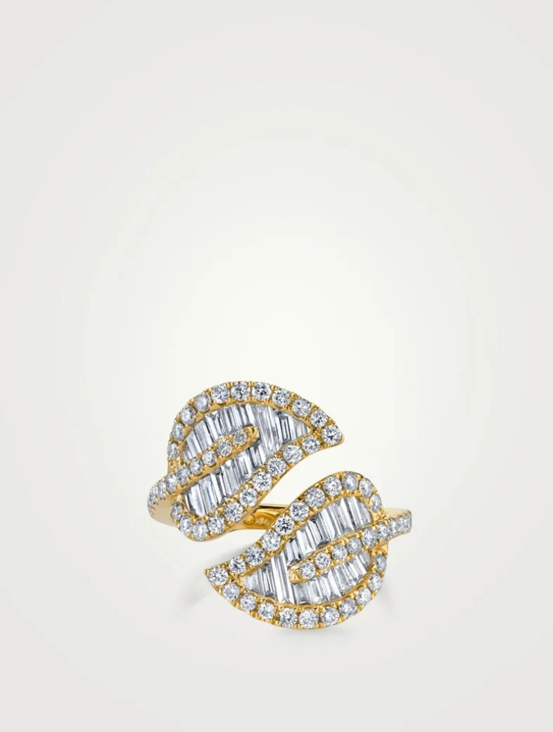 Large 18K Gold Leaf Ring With Diamonds