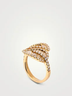 Large 18K Gold Leaf Ring With Diamonds