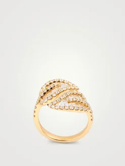 Large 18K Gold Leaf Ring With Diamonds