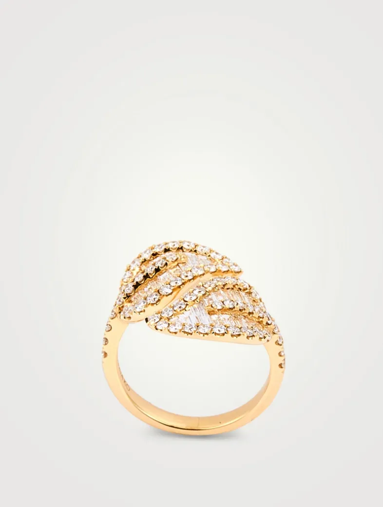 Large 18K Gold Leaf Ring With Diamonds
