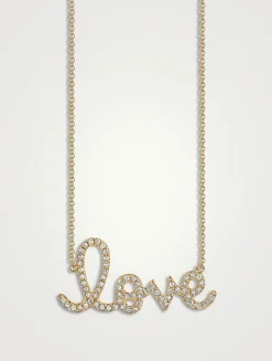 Large 14K Gold Love Script Pendant Necklace With Diamonds