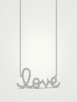 Large 14K White Gold Love Script Necklace With Diamonds